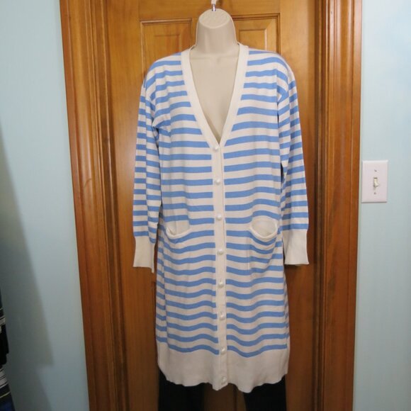 Orly Long Cardigan Sweater Blue/White Stripe Viscose Blend Size Small - Picture 6 of 8